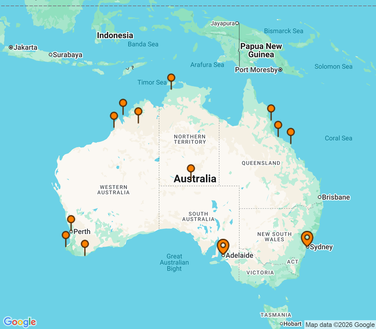 Harta itinerariu Croaziera 2027 - Australia si Noua Zeelanda (Adelaide, Australia) - Princess Cruises - Grand Princess - 23 nopti