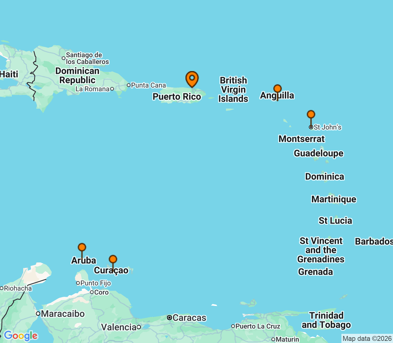 Harta itinerariu Croaziera 2027 - Caraibe si America Centrala (San Juan, Puerto Rico) - Virgin Voyages - Valiant Lady - 7 nopti