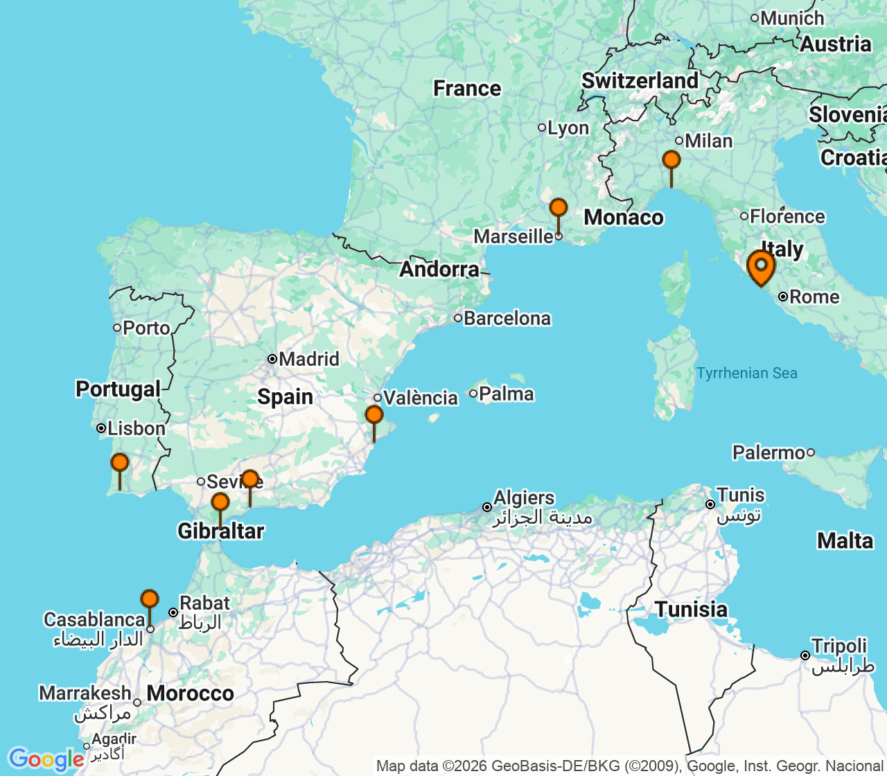 Harta itinerariu Croaziera 2028 - Mediterana (Roma (Civitavecchia), Italia) - MSC Cruises - MSC Sinfonia - 10 nopti