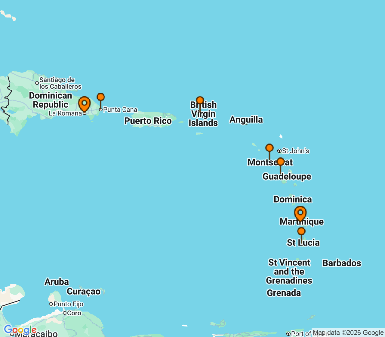 Harta itinerariu Croaziera 2028 - Caraibe si America Centrala (La Romana, Rep. Dominicana) - Ponant - Le Bellot - 7 nopti