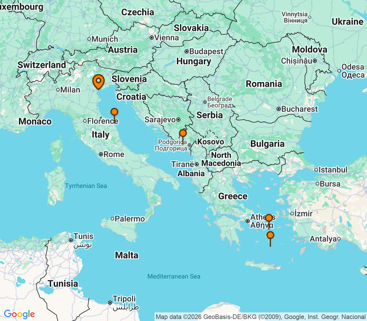 Harta itinerariu Croaziera 2028 - Mediterana (Venetia, Italia) - MSC Cruises - MSC Lirica - 7 nopti