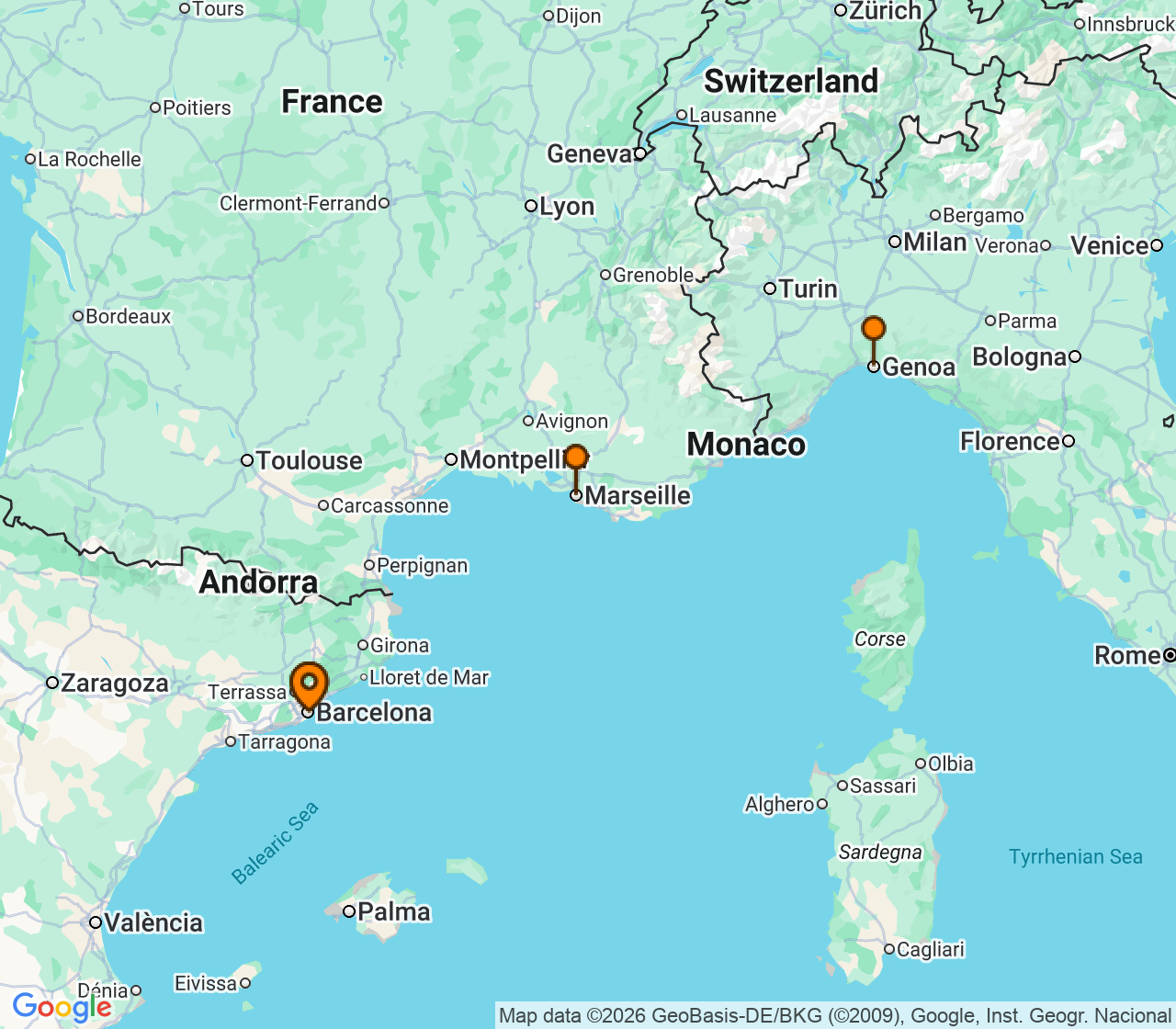 Harta itinerariu Croaziera 2027 - Repozitionari si Transoceanic (Barcelona, Spania) - Costa Cruises - Costa Smeralda - 4 nopti