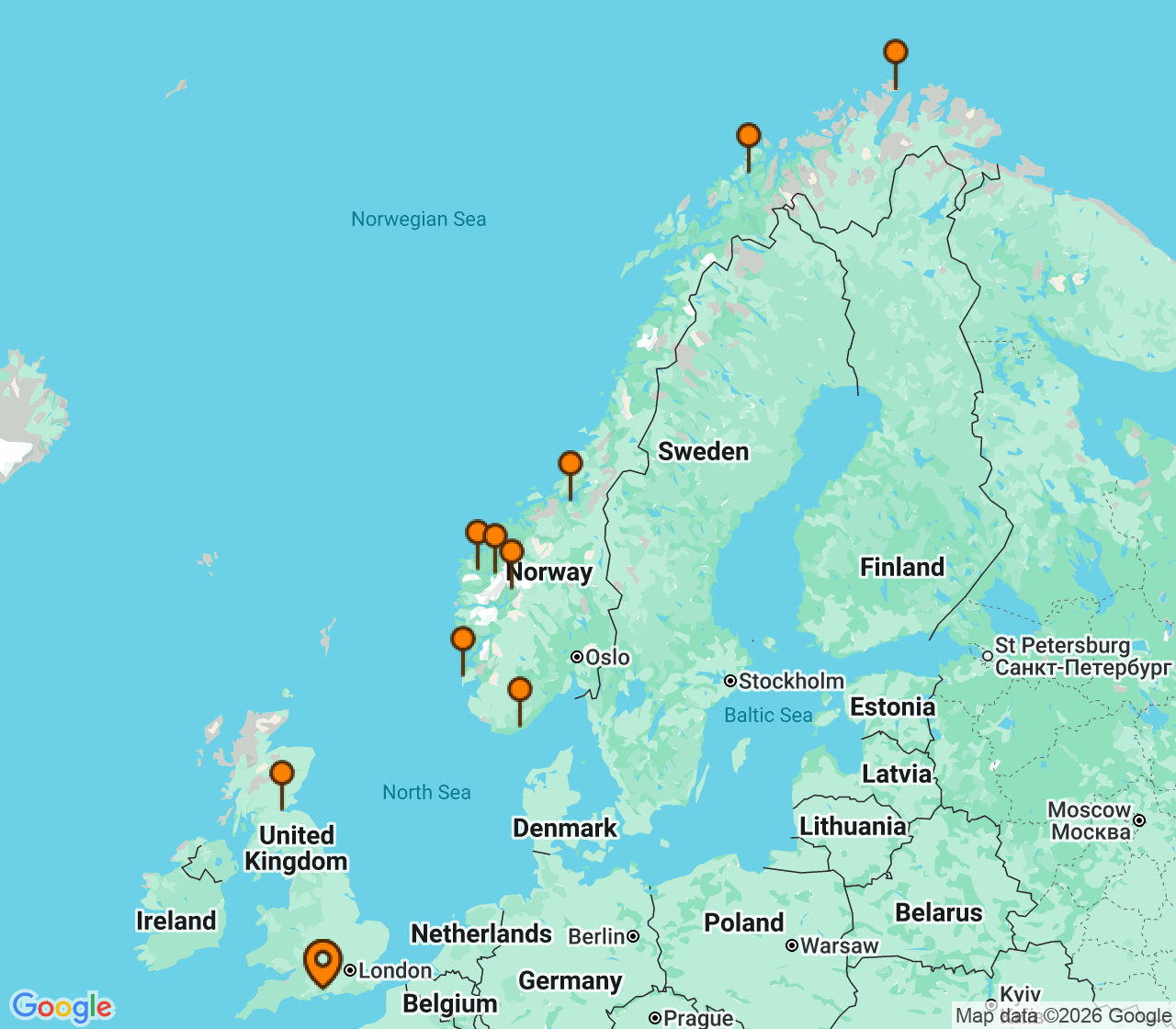 Harta itinerariu Croaziera 2028 - Europa de Nord (Southampton, Anglia) - Princess Cruises - Sky Princess - 14 nopti