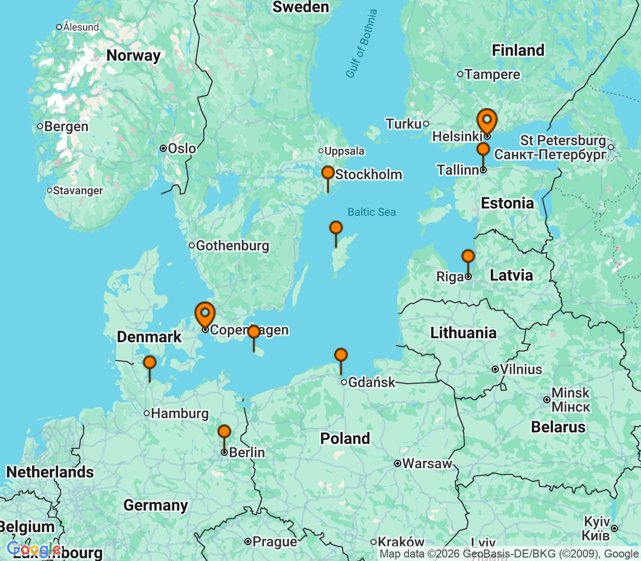 Harta itinerariu Croaziera 2027 - Europa de Nord (Copenhaga, Danemarca) - Oceania Cruises - Insignia - 10 nopti