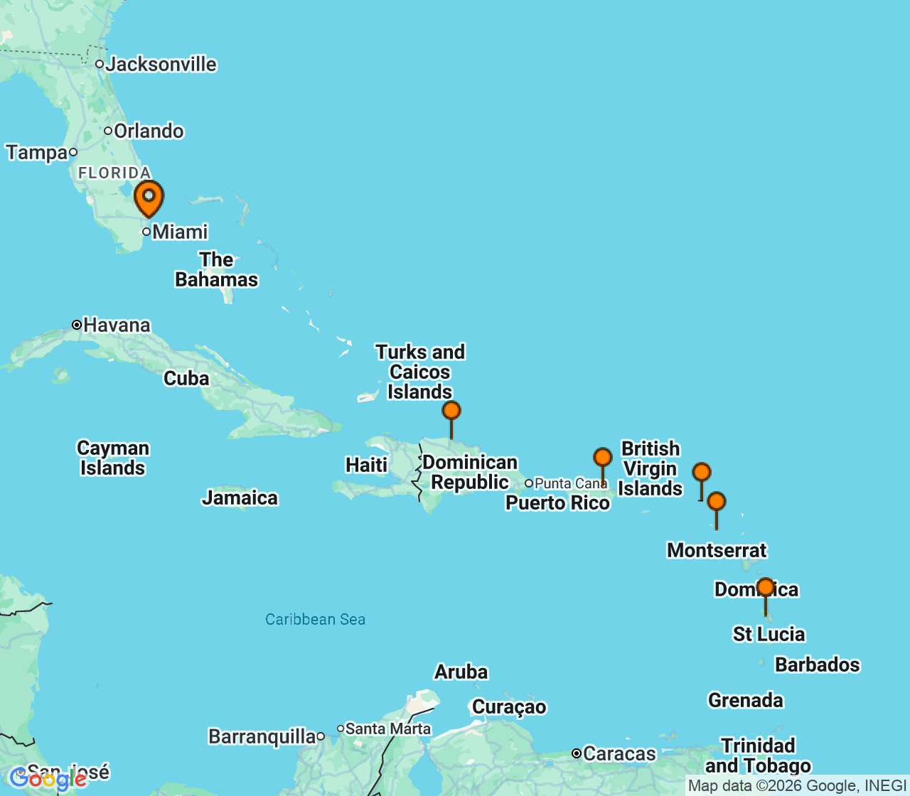 Harta itinerariu Croaziera 2027 - Caraibe si America Centrala (Fort Lauderdale, Florida) - Princess Cruises - Enchanted Princess - 9 nopti