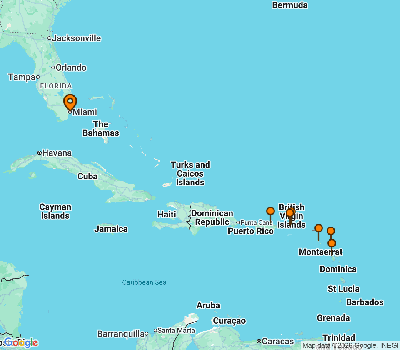 Harta itinerariu Croaziera 2027 - Caraibe si America Centrala (Miami, FL) - Silversea Cruises - Silver Ray - 11 nopti