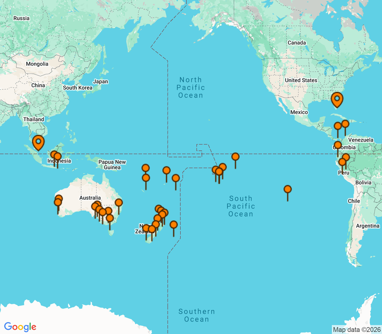 Harta itinerariu Croaziera 2029 - Grand Voyage si Tematice (Miami, FL) - Seabourn - Seabourn Quest - 82 nopti