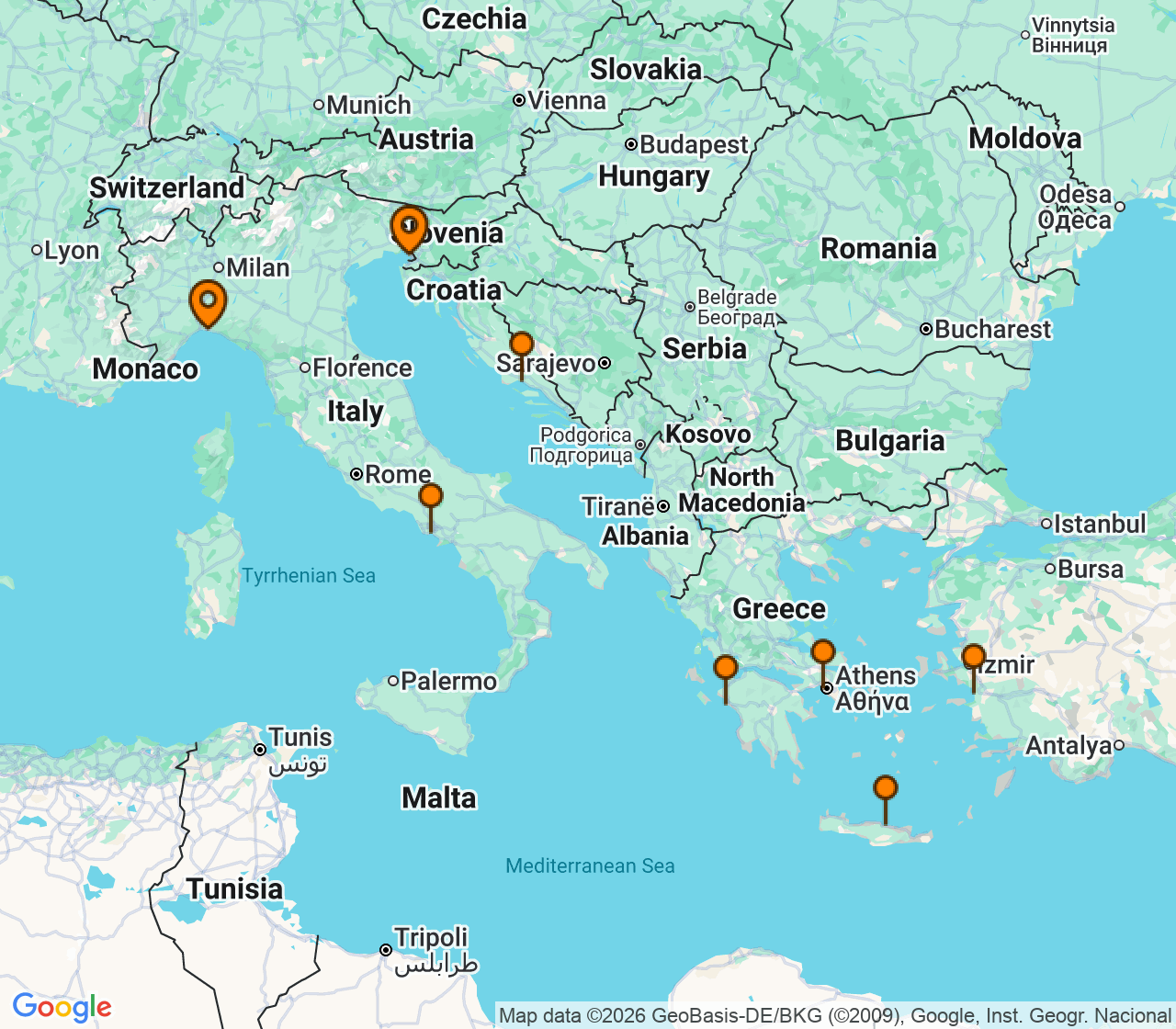 Harta itinerariu Croaziera 2028 - Mediterana (Trieste, Italia) - MSC Cruises - MSC Seaview - 9 nopti