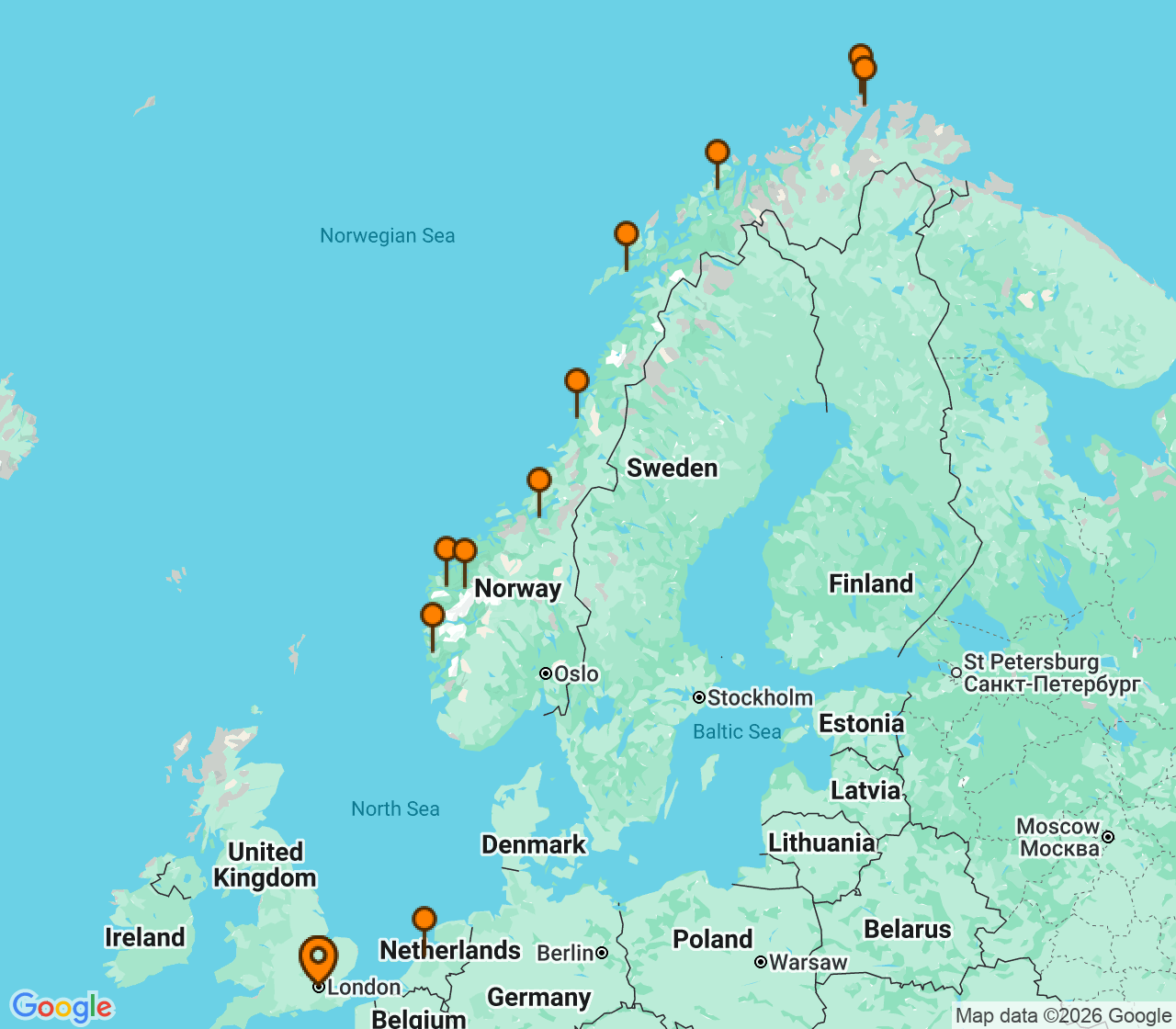 Harta itinerariu Croaziera 2027 - Europa de Nord (Dover (Londra), Anglia) - Seabourn - Seabourn Quest - 14 nopti
