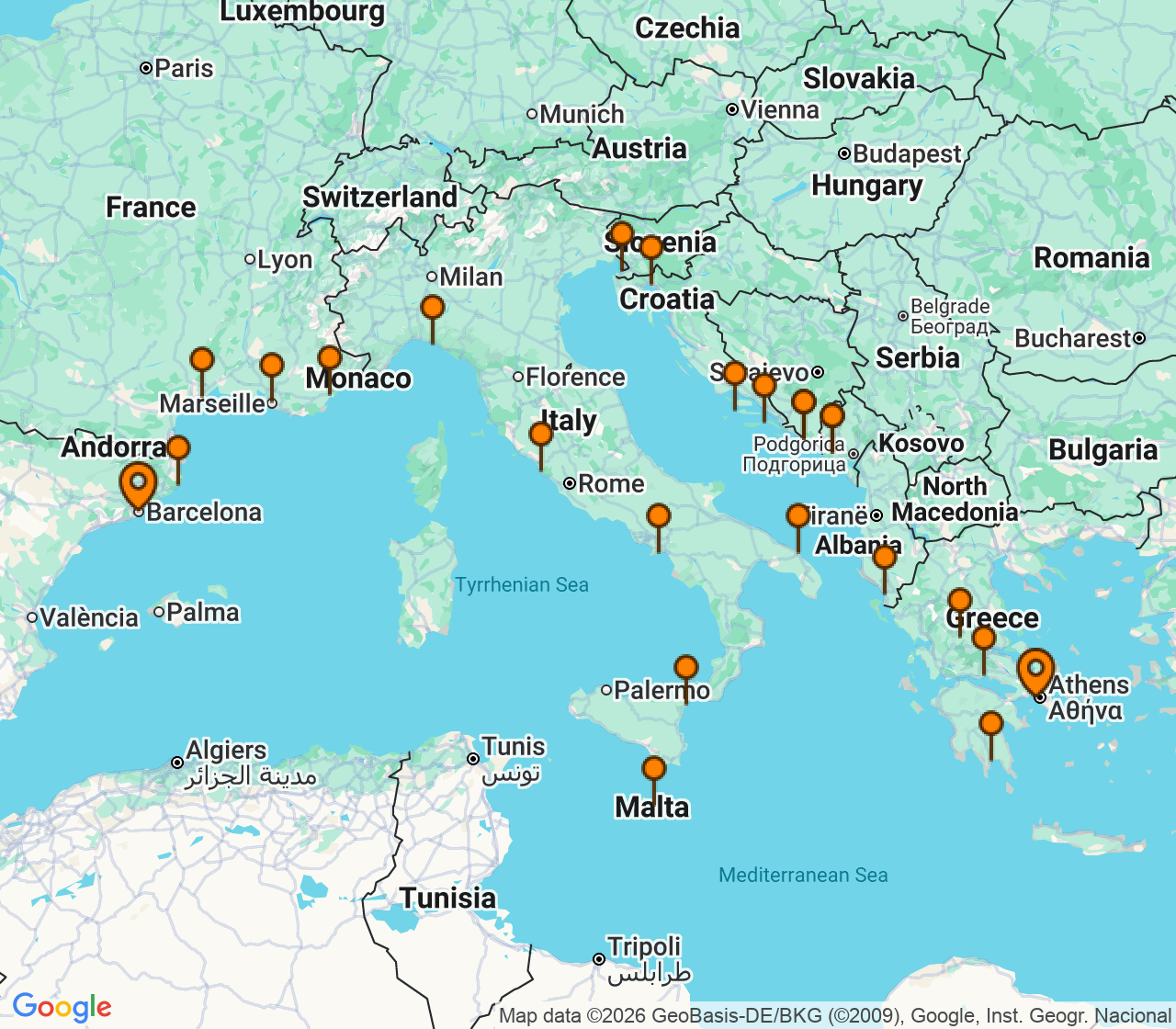 Harta itinerariu Croaziera 2029 - Mediterana (Barcelona, Spania) - Seabourn - Seabourn Ovation - 28 nopti