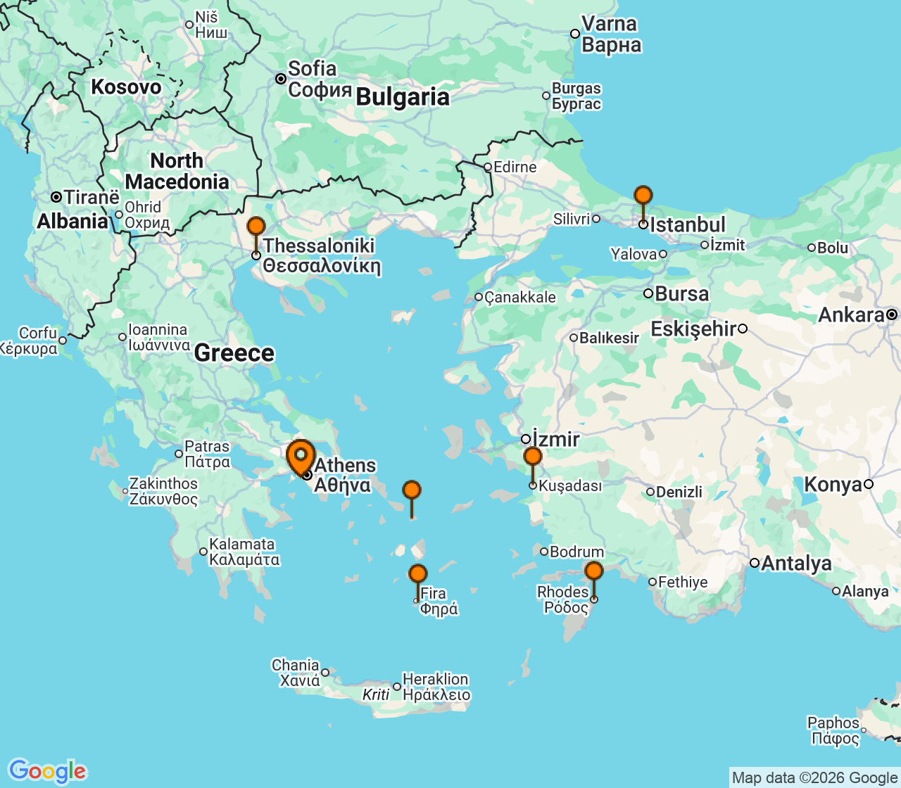 Harta itinerariu Croaziera 2027 - Mediterana (Atena (Piraeus), Grecia) - Celebrity Cruises - Celebrity Infinity - 10 nopti