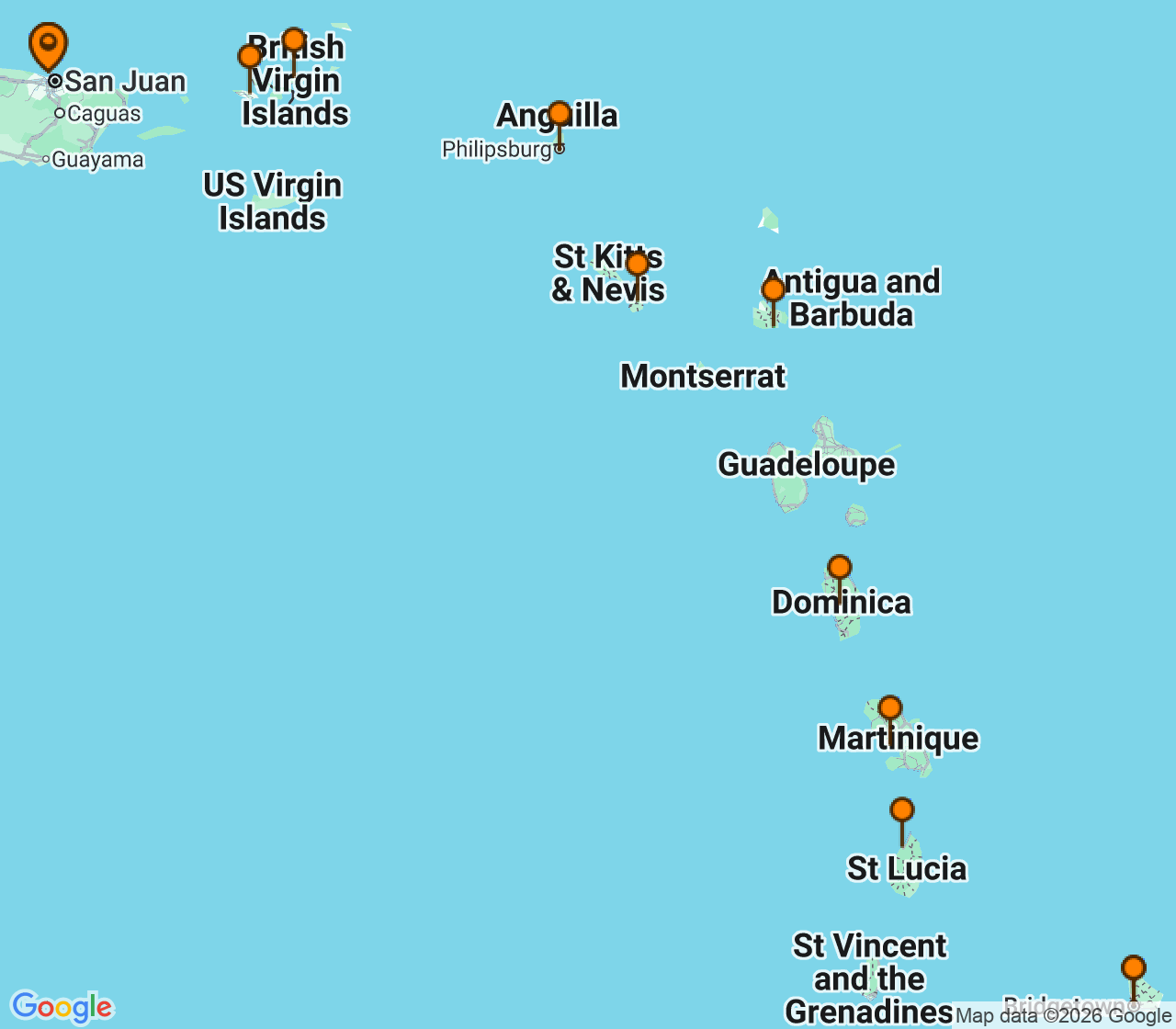 Harta itinerariu Croaziera 2027 - Caraibe si America Centrala (San Juan, Puerto Rico) - Princess Cruises - Emerald Princess - 14 nopti