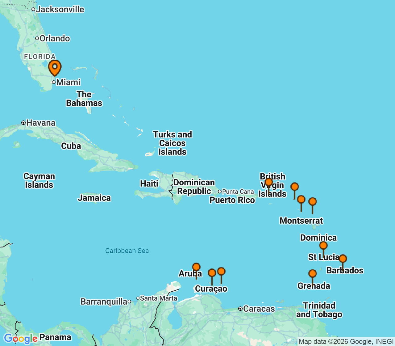Harta itinerariu Croaziera 2028 - Caraibe si America Centrala (Fort Lauderdale, Florida) - Princess Cruises - Island Princess - 16 nopti