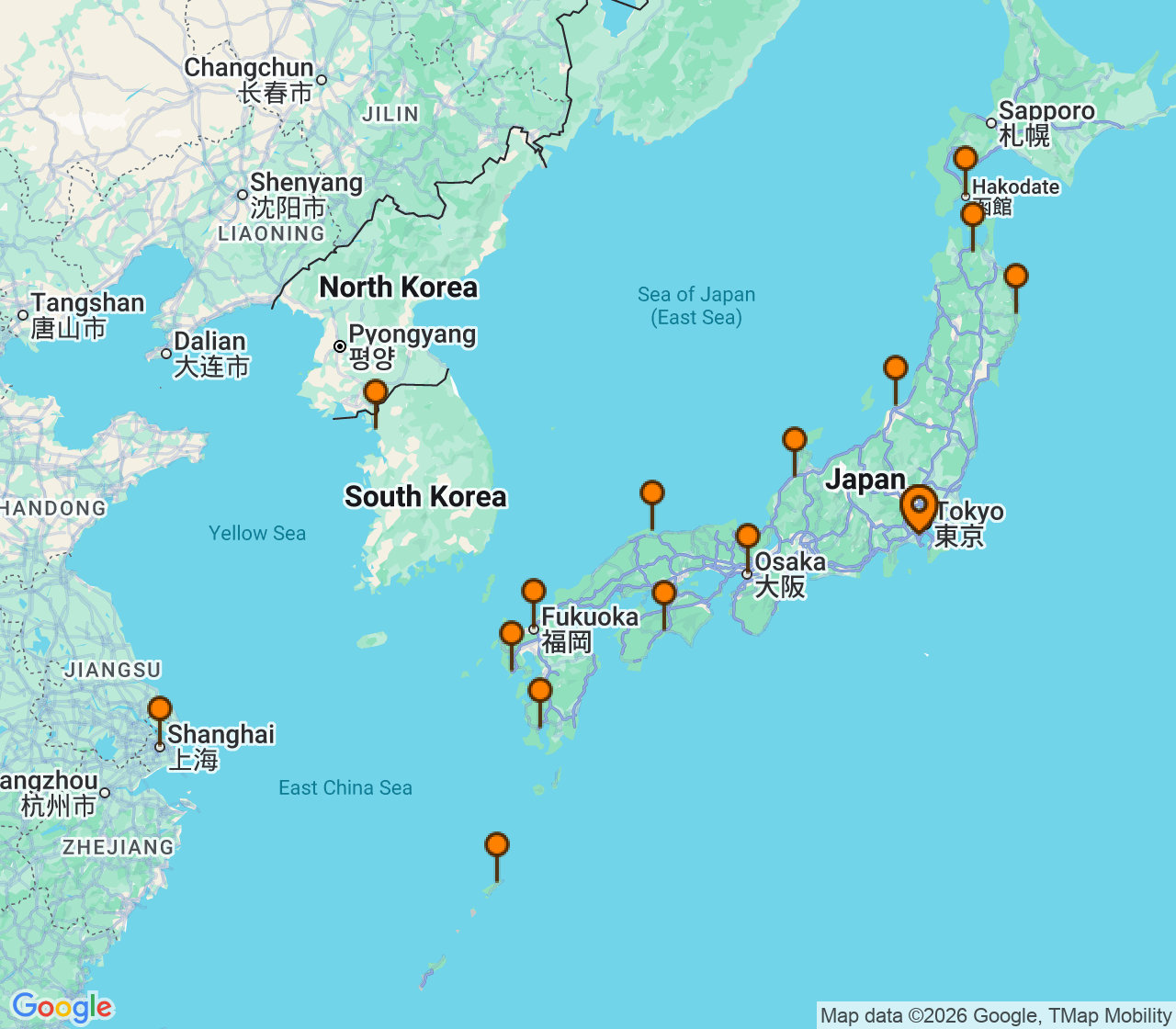 Harta itinerariu Croaziera 2028 - Asia (Orientul Indepartat) (Tokyo (Yokohama), Japonia) - Silversea Cruises - Silver Whisper - 25 nopti