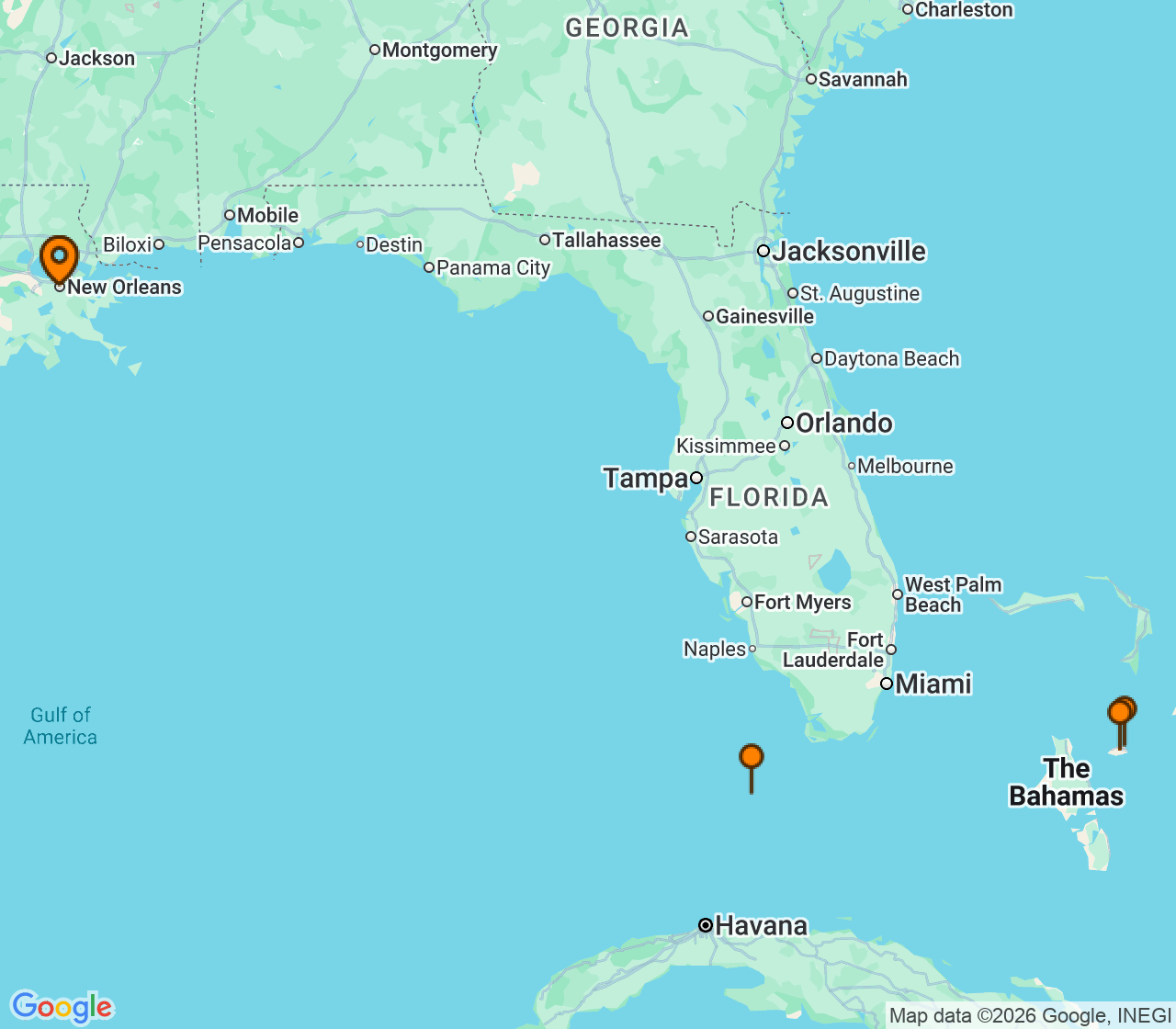 Harta itinerariu Croaziera 2026 - Caraibe si America Centrala (New Orleans, LA) - Carnival Cruise Line - Carnival Liberty - 7 nopti