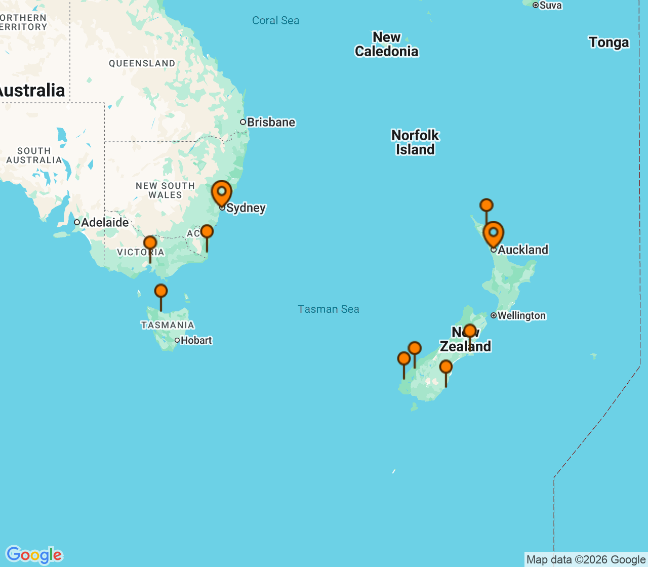Harta itinerariu Croaziera 2027 - Australia si Noua Zeelanda (Sydney, Australia) - Norwegian Cruise Line - Norwegian Spirit - 11 nopti