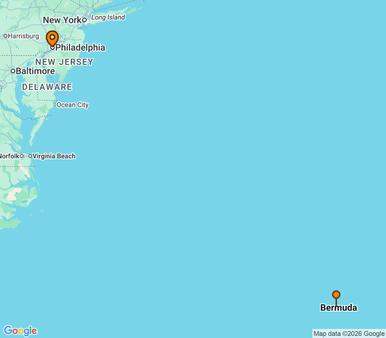 Harta itinerariu Croaziera 2027 - Bermuda (Philadelphia, PA) - Norwegian Cruise Line - Norwegian Pearl - 7 nopti