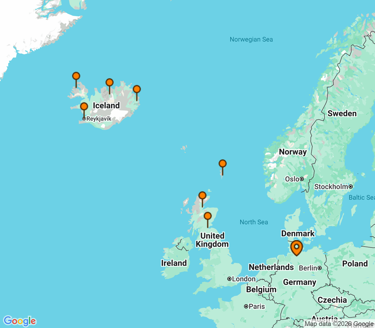 Harta itinerariu Croaziera 2027 - Europa de Nord (Hamburg, Germania) - MSC Cruises - MSC Preziosa - 12 nopti