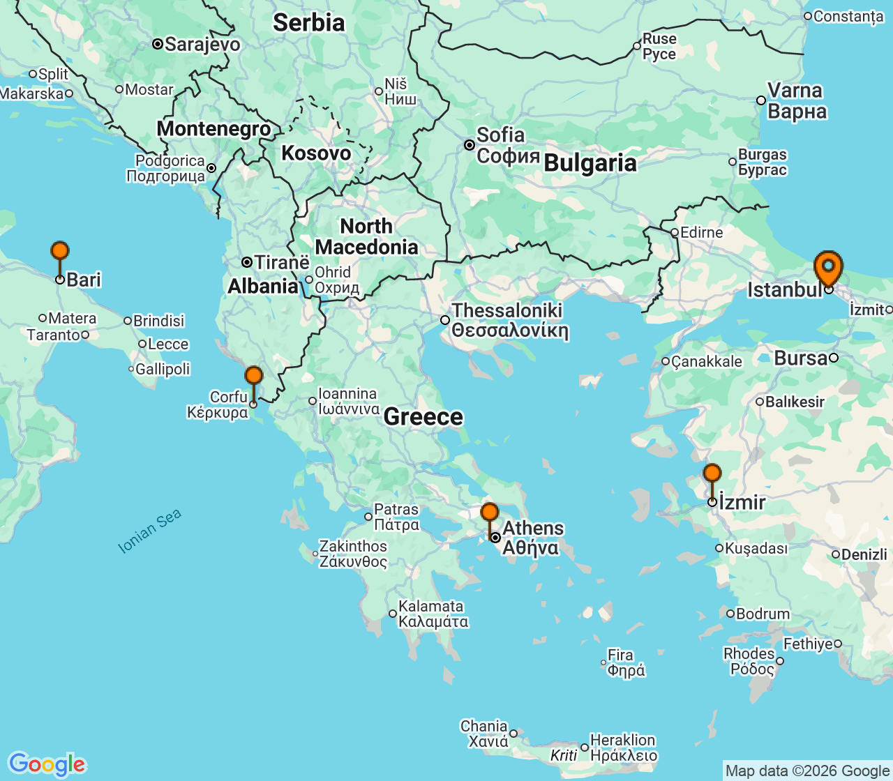 Harta itinerariu Croaziera 2026 - Mediterana (Istanbul, Turcia) - MSC Cruises - MSC Orchestra - 7 nopti