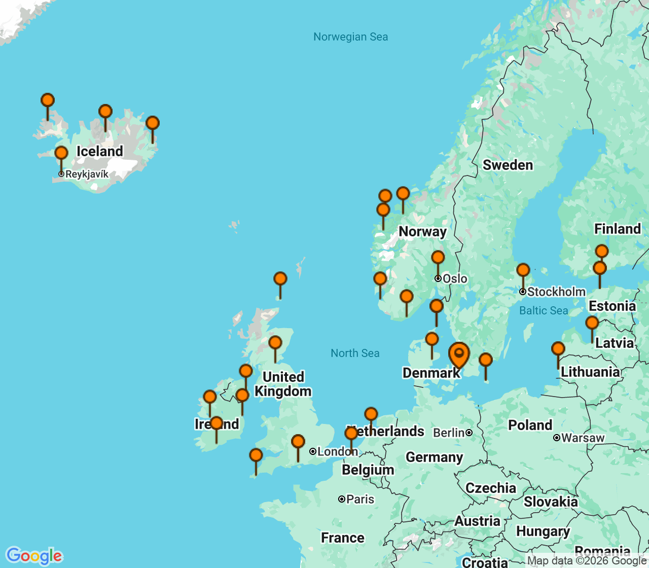 Harta itinerariu Croaziera 2028 - Europa de Nord (Copenhaga, Danemarca) - Princess Cruises - Caribbean Princess - 48 nopti