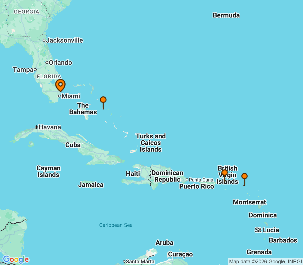 Harta itinerariu Croaziera 2027 - Caraibe si America Centrala (Port Everglades, USA) - Disney Cruise Line - Disney Fantasy - 7 nopti