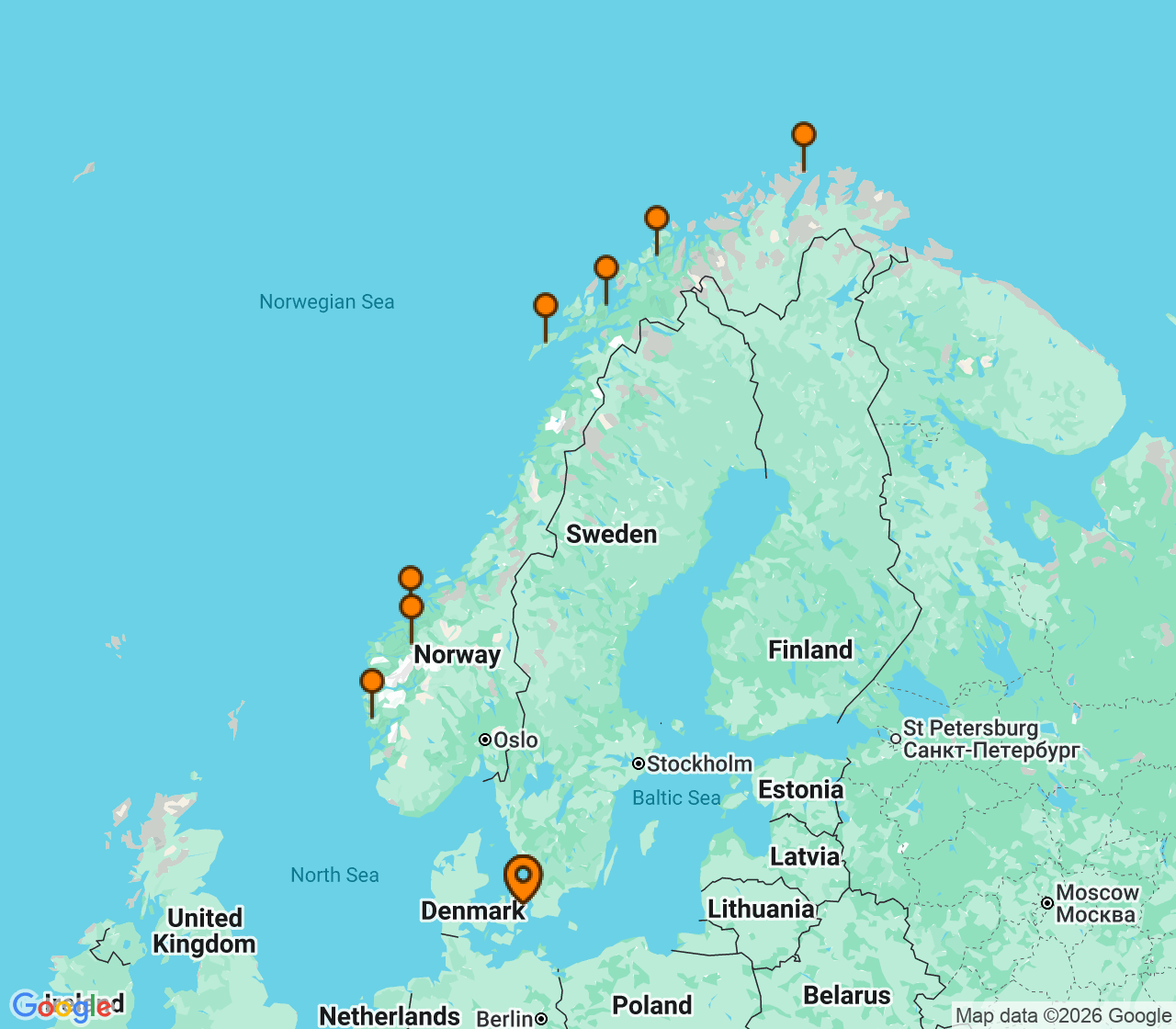 Harta itinerariu Croaziera 2028 - Europa de Nord (Copenhaga, Danemarca) - Explora Journeys - Explora V - 12 nopti