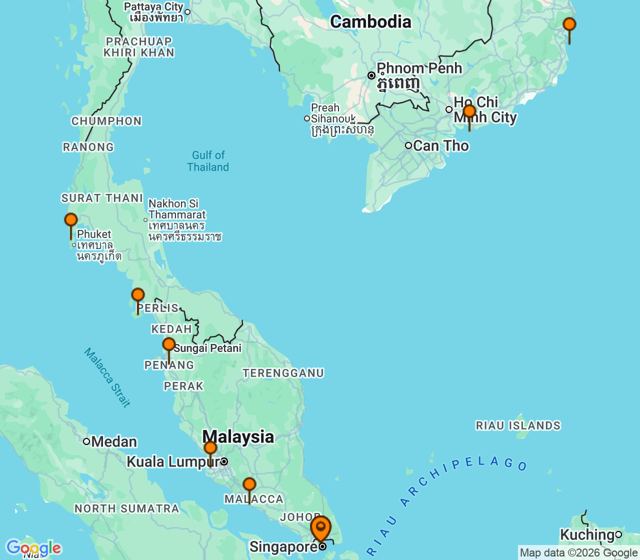 Harta itinerariu Croaziera 2027 - Asia (Orientul Indepartat) (Singapore) - Silversea Cruises - Silver Muse - 16 nopti
