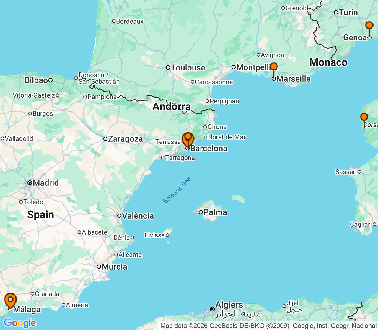 Harta itinerariu Croaziera 2027 - Repozitionari si Transoceanic (Malaga, Spania) - Costa Cruises - Costa Fascinosa - 6 nopti