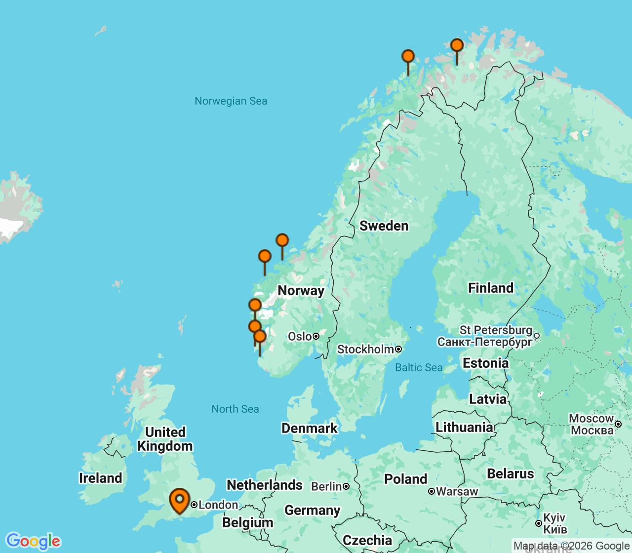 Harta itinerariu Croaziera 2028 - Europa de Nord (Southampton, Anglia) - Norwegian Cruise Line - Norwegian Star - 12 nopti