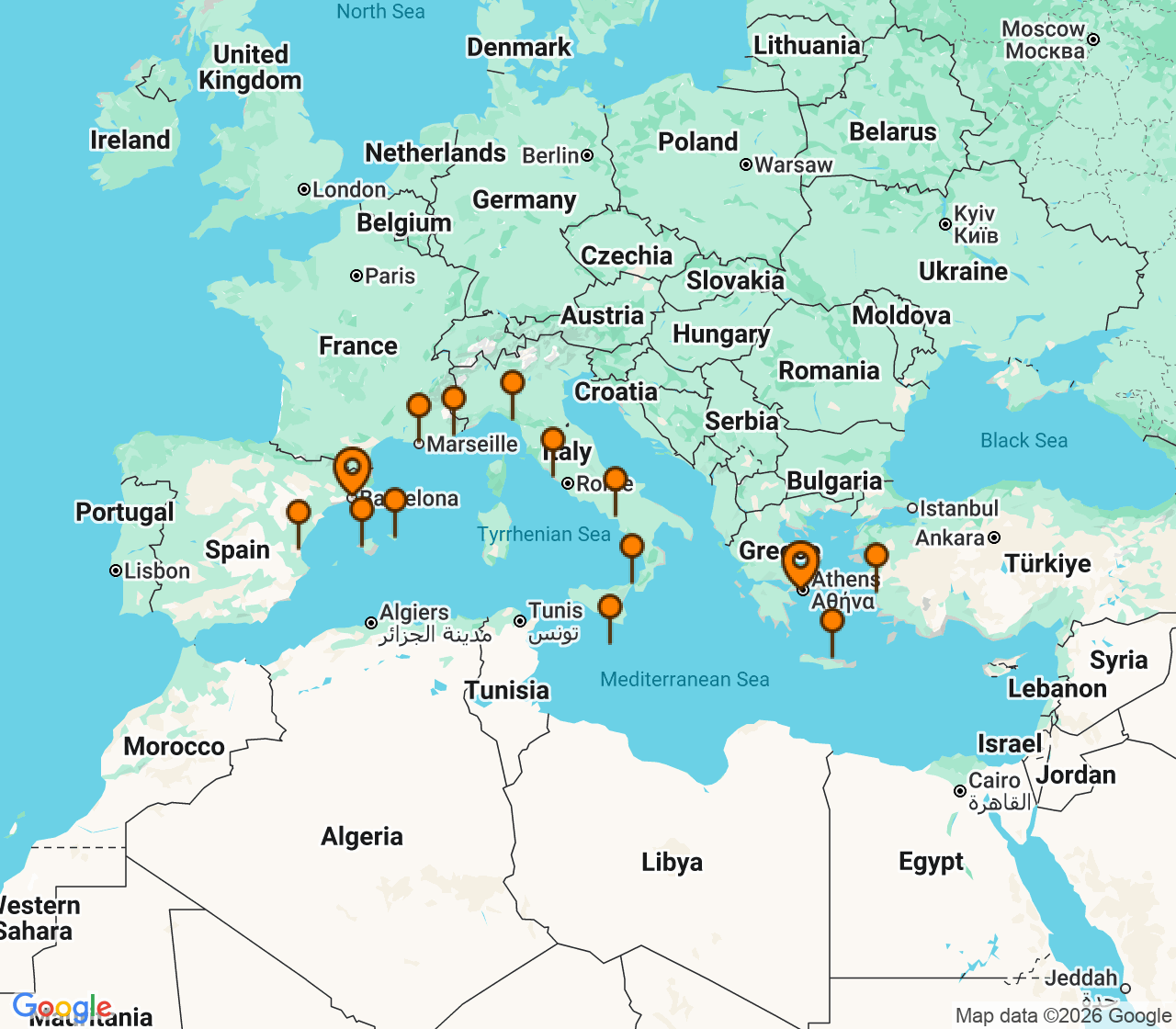 Harta itinerariu Croaziera 2028 - Mediterana (Atena (Piraeus), Grecia) - Oceania Cruises - Allura - 14 nopti