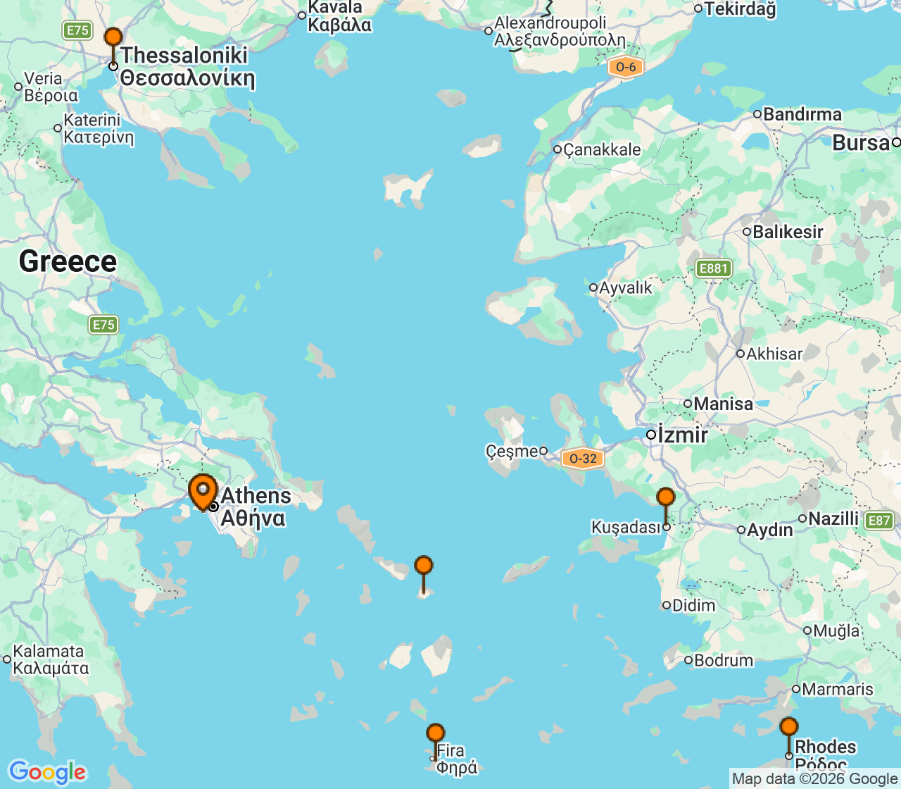 Harta itinerariu Croaziera 2026 - Mediterana (Atena (Piraeus), Grecia) - Celebrity Cruises - Celebrity Infinity - 7 nopti