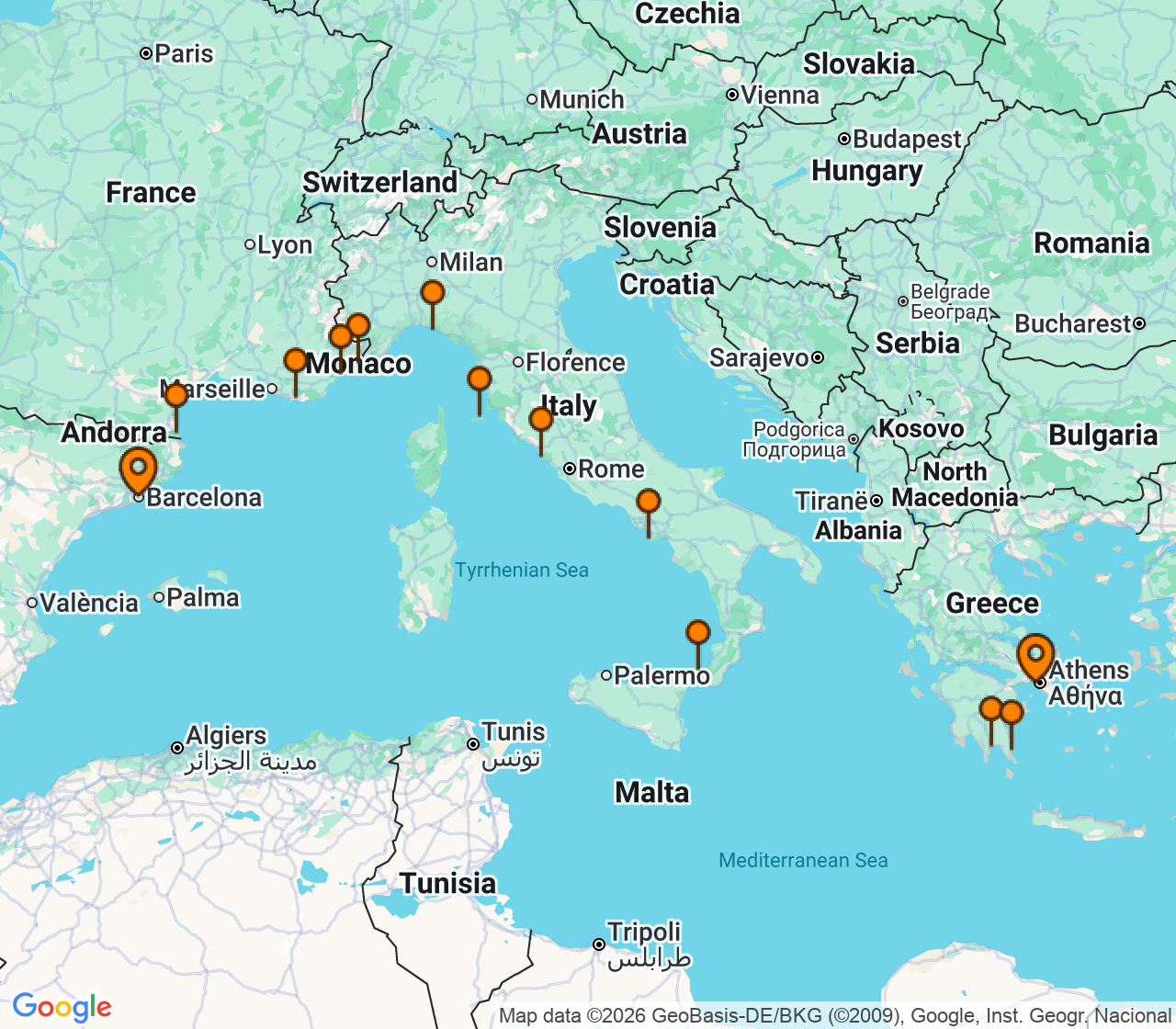 Harta itinerariu Croaziera 2028 - Mediterana (Barcelona, Spania) - Windstar Cruises - Wind Surf - 14 nopti