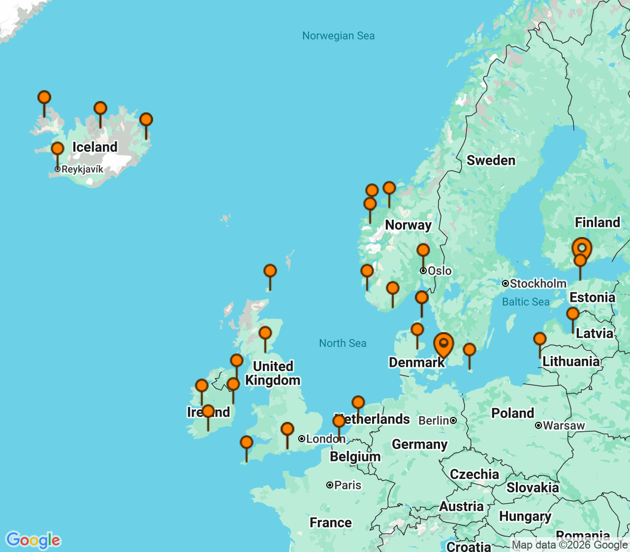 Harta itinerariu Croaziera 2028 - Europa de Nord (Copenhaga, Danemarca) - Princess Cruises - Caribbean Princess - 41 nopti