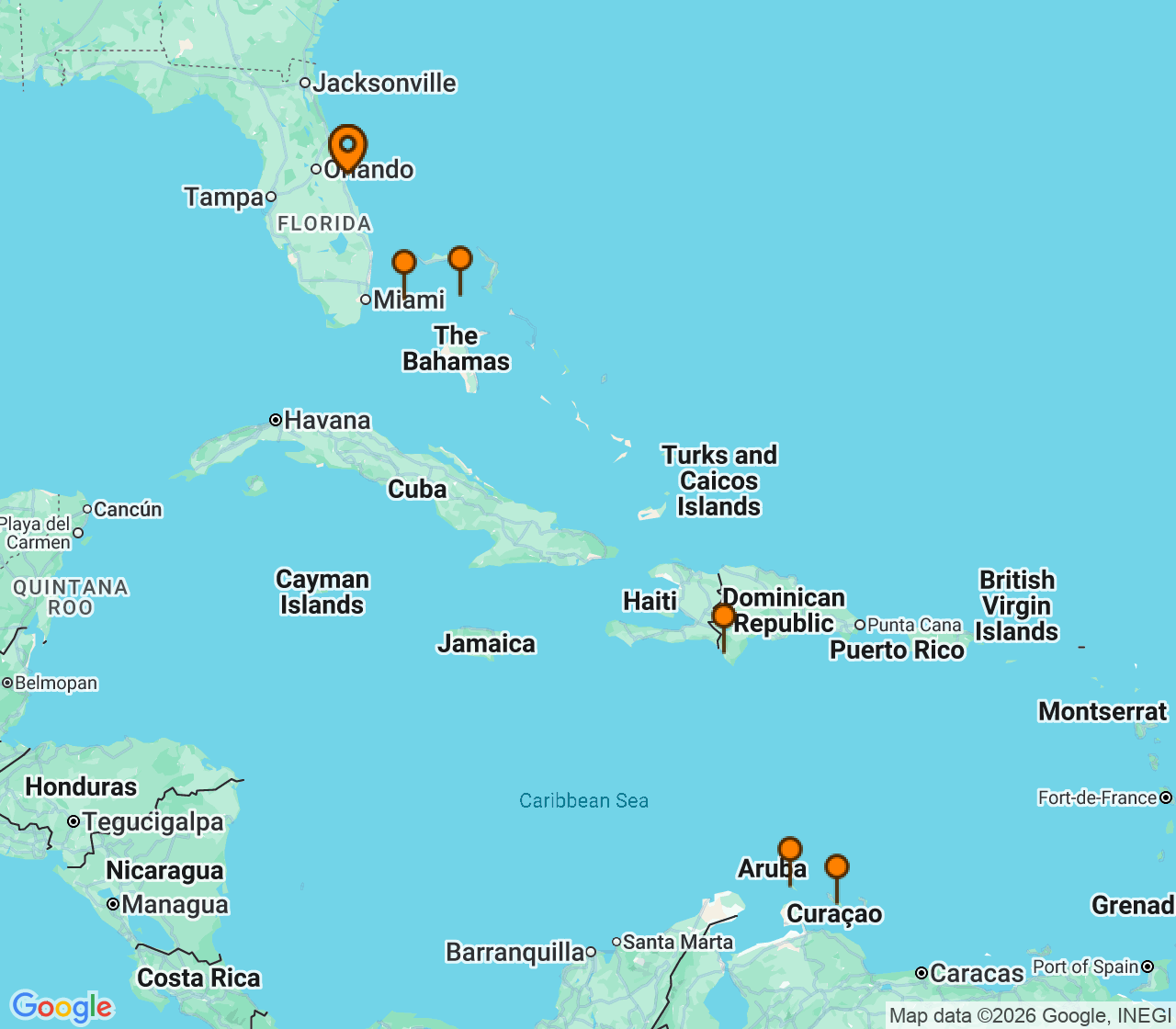 Harta itinerariu Croaziera 2027 - Caraibe si America Centrala (Port Canaveral, FL) - Royal Caribbean Cruise Line - Explorer of the Seas - 9 nopti
