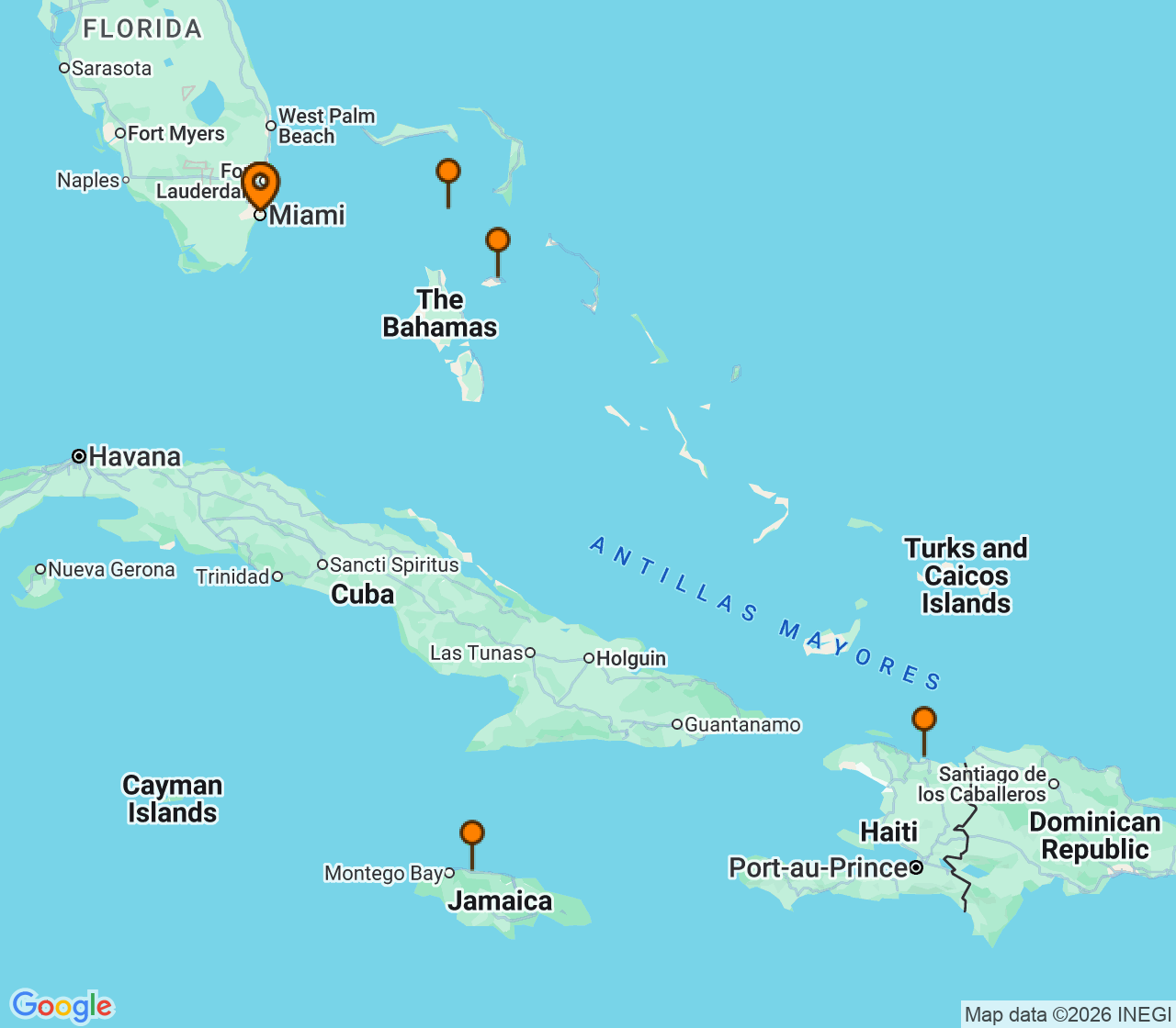 Harta itinerariu Croaziera 2028 - Caraibe si America Centrala (Miami, FL) - Royal Caribbean Cruise Line - Allure Of The Seas - 7 nopti