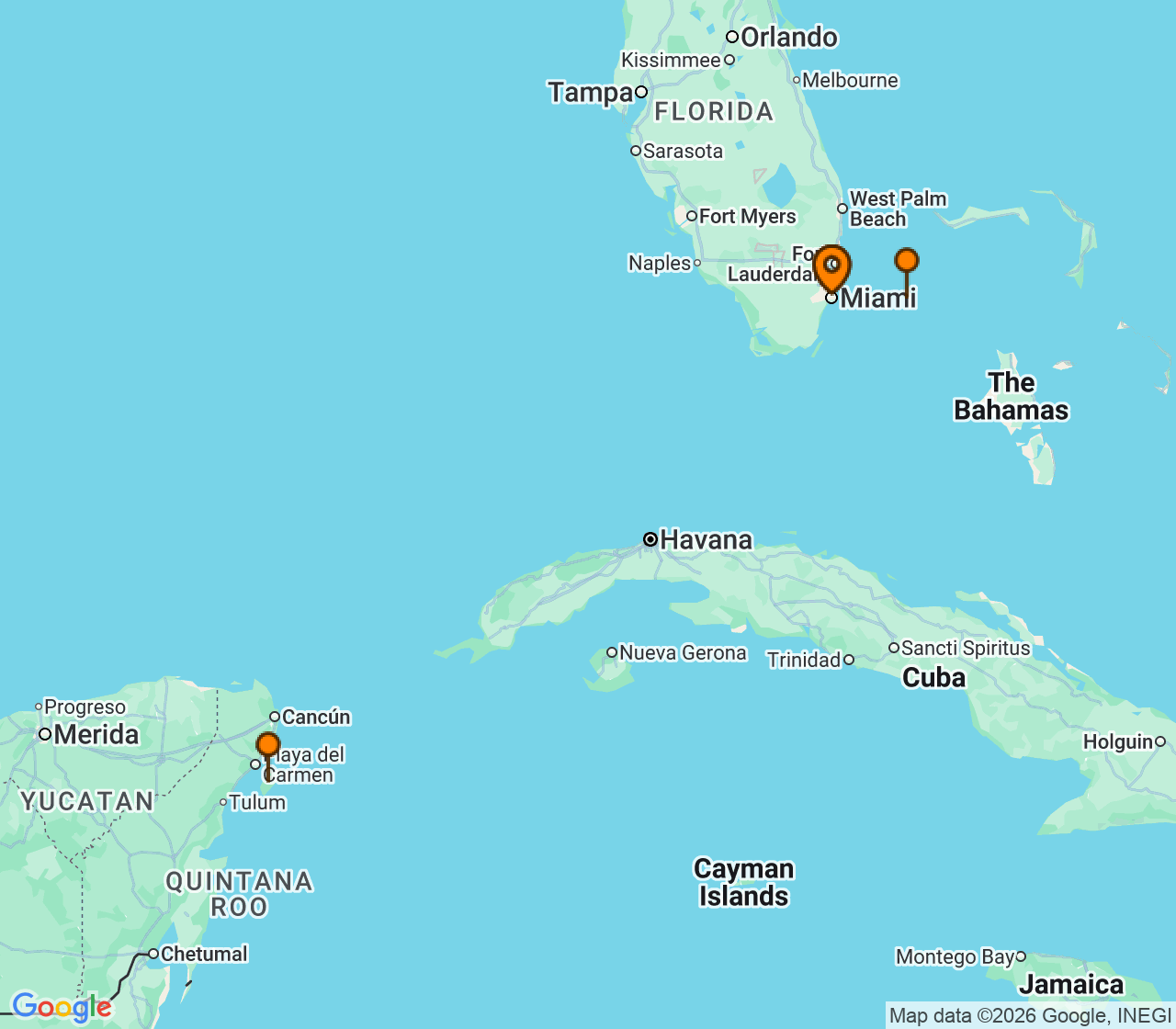 Harta itinerariu Croaziera 2026 - Caraibe si America Centrala (Miami, FL) - Virgin Voyages - Resilient Lady - 6 nopti