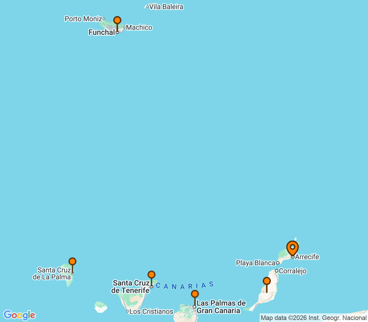 Harta itinerariu Croaziera 2027 - Mediterana (Arrecife, Insulele Canare) - MSC Cruises - MSC Euribia - 10 nopti