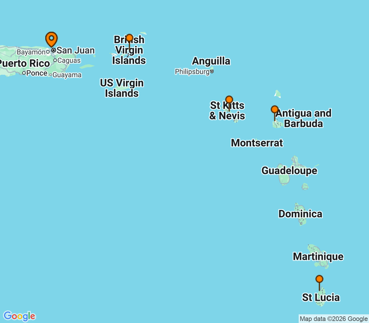 Harta itinerariu Croaziera 2027 - Caraibe si America Centrala (San Juan, Puerto Rico) - Virgin Voyages - Valiant Lady - 6 nopti
