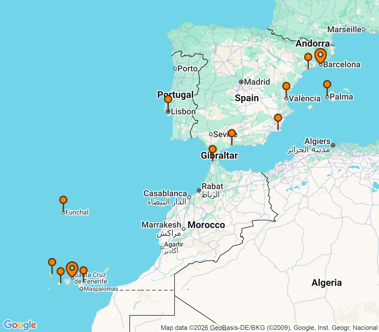 Harta itinerariu Croaziera 2026 - Mediterana (Barcelona, Spania) - Windstar Cruises - Wind Spirit - 18 nopti