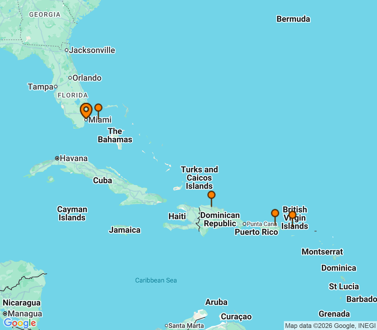 Harta itinerariu Croaziera 2026 - Caraibe si America Centrala (Miami, FL) - Virgin Voyages - Resilient Lady - 8 nopti