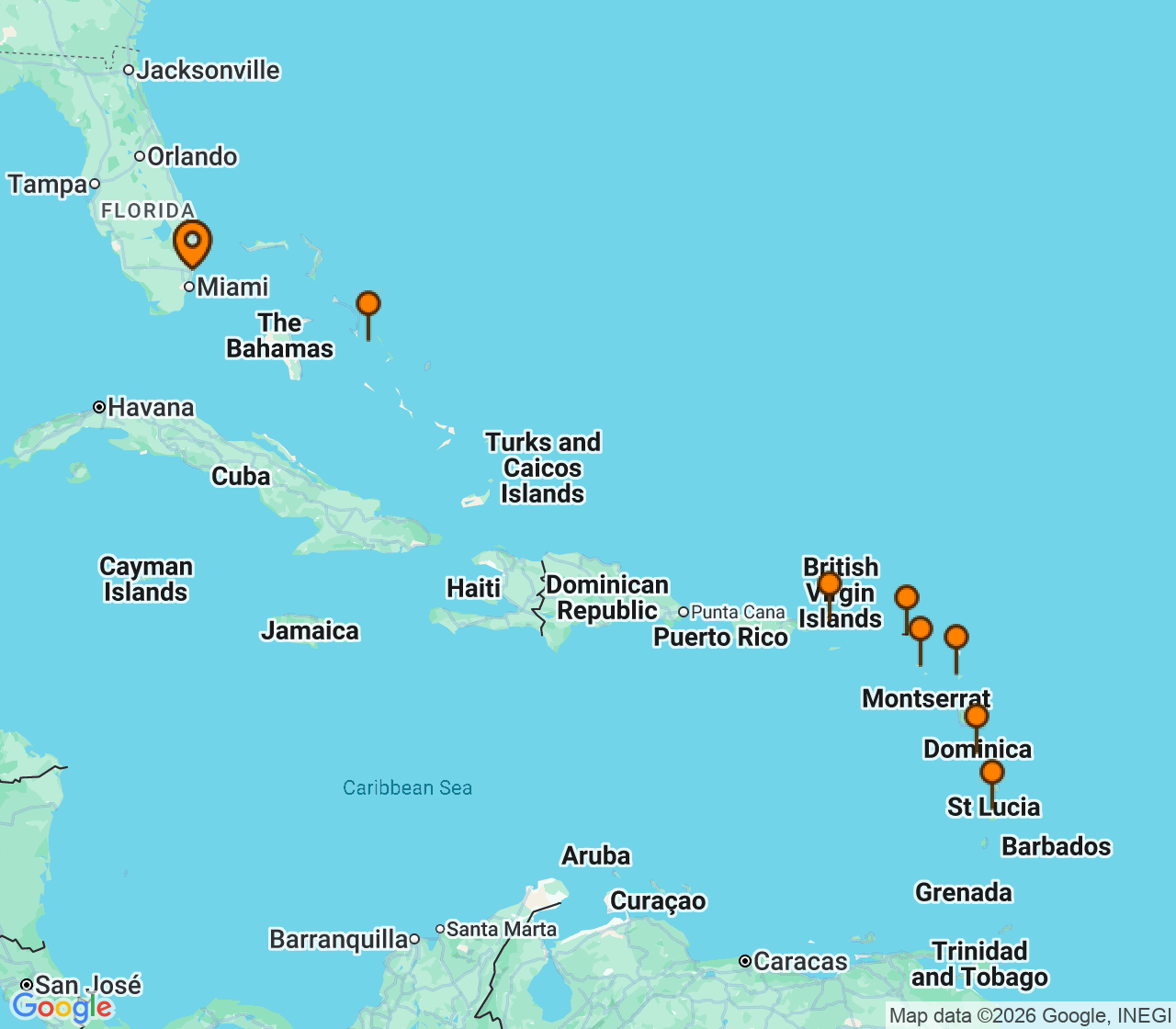 Harta itinerariu Croaziera 2026 - Caraibe si America Centrala (Fort Lauderdale, Florida) - Holland America Line - Rotterdam - 11 nopti