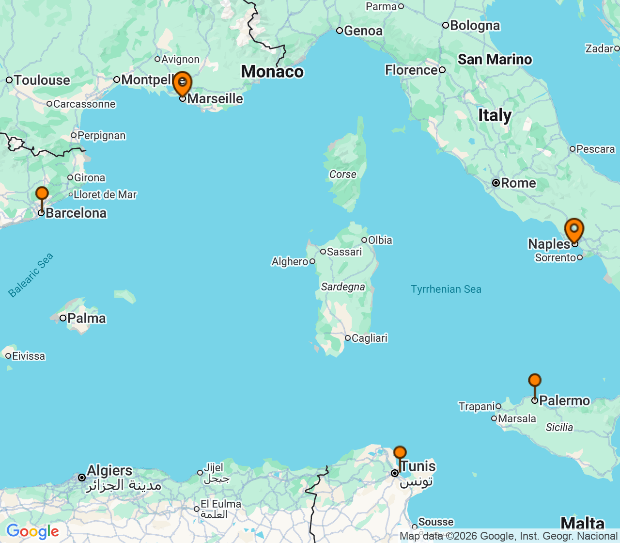 Harta itinerariu Croaziera 2027 - Mediterana (Napoli, Italia) - MSC Cruises - MSC Euribia - 5 nopti