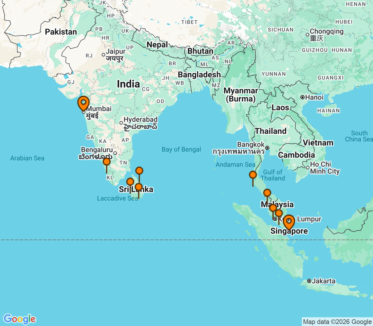 Harta itinerariu Croaziera 2026 - Asia (Orientul Indepartat) (Bombay (Mumbai), India) - Silversea Cruises - Silver Muse - 18 nopti