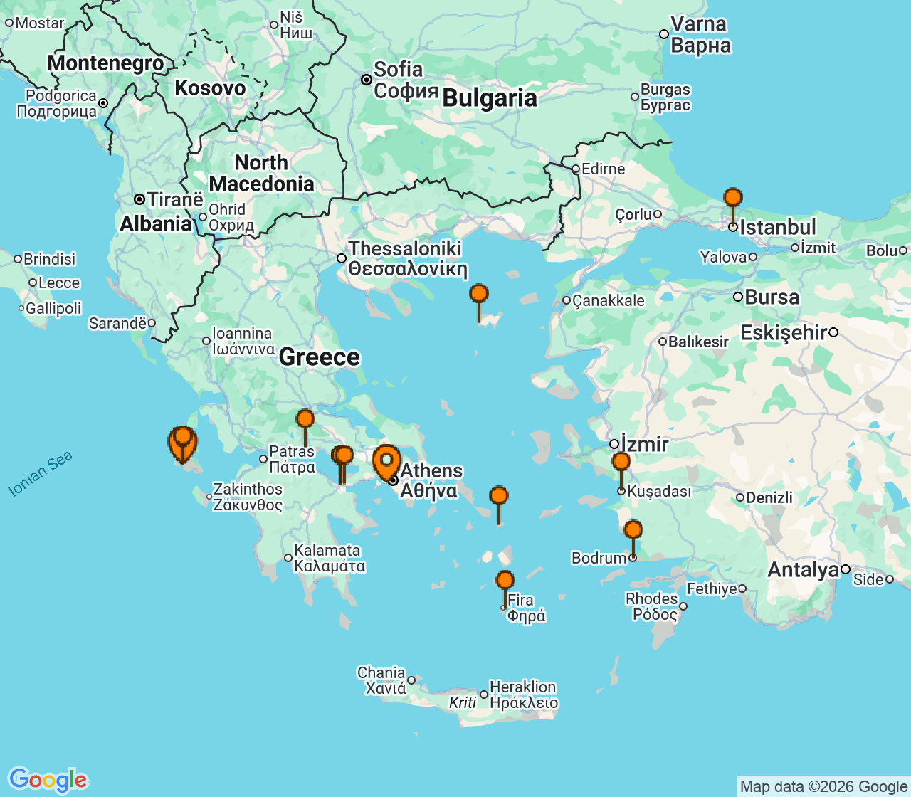 Harta itinerariu Croaziera 2027 - Mediterana (Atena (Piraeus), Grecia) - Windstar Cruises - Star Legend - 11 nopti