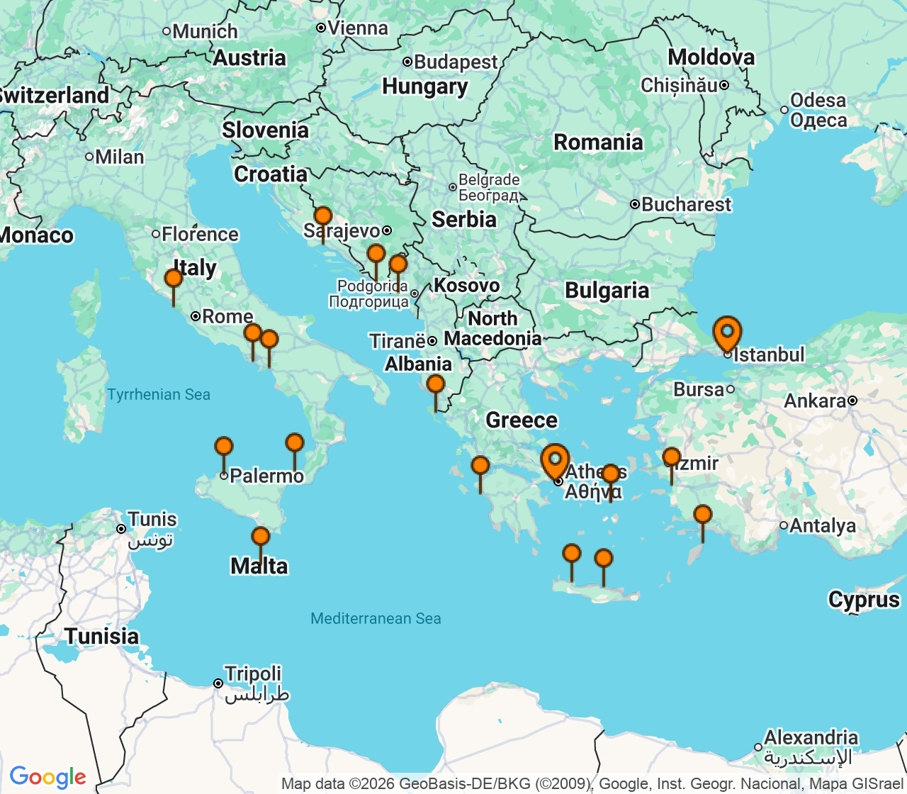 Harta itinerariu Croaziera 2028 - Mediterana (Istanbul, Turcia) - Princess Cruises - Enchanted Princess - 21 nopti