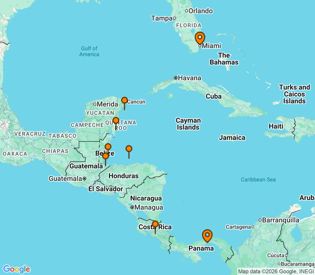 Harta itinerariu Croaziera 2027 - Caraibe si America Centrala (Miami, FL) - Oceania Cruises - Marina - 10 nopti