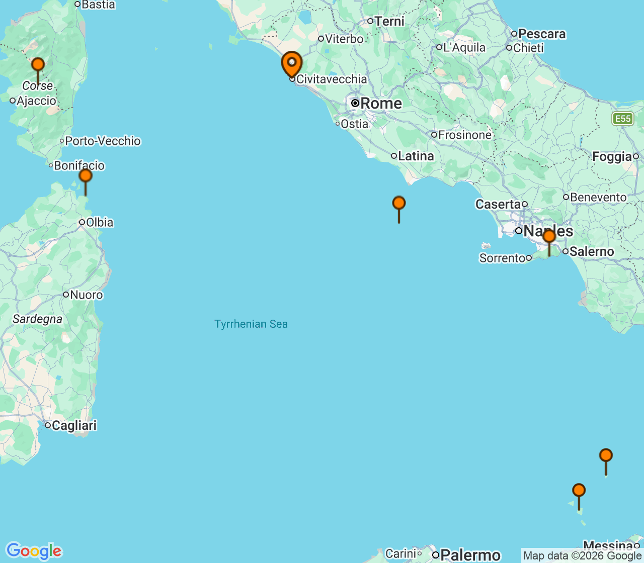Harta itinerariu Croaziera 2028 - Mediterana (Roma (Civitavecchia), Italia) - Windstar Cruises - Wind Spirit - 7 nopti