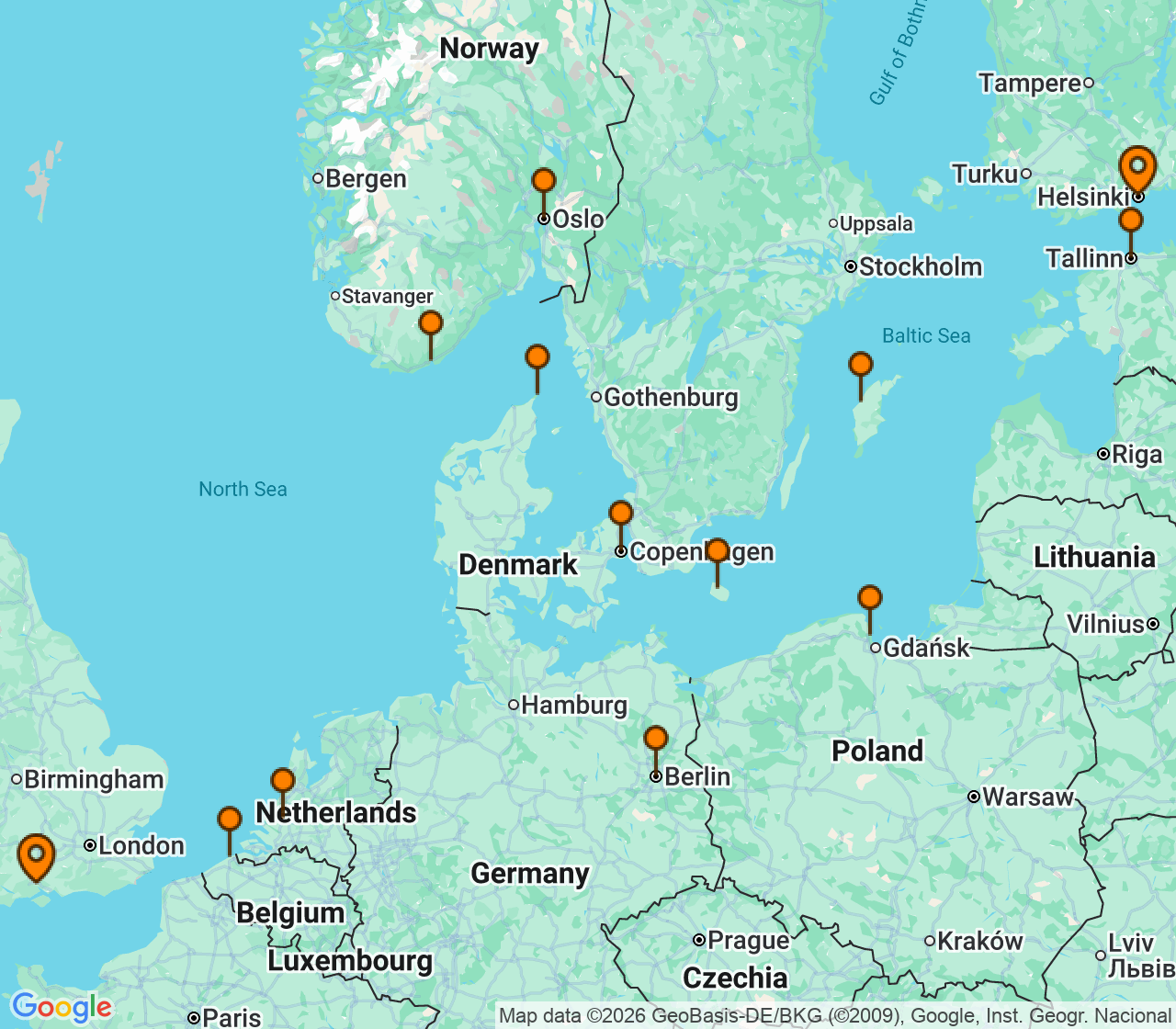 Harta itinerariu Croaziera 2027 - Europa de Nord (Southampton, Anglia) - Princess Cruises - Regal Princess - 14 nopti
