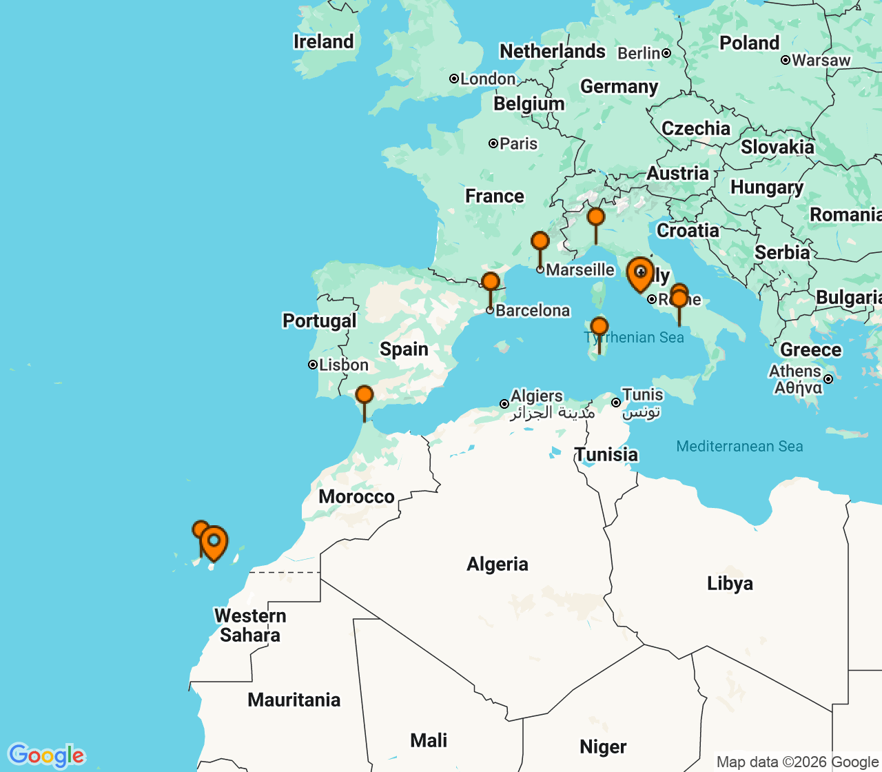 Harta itinerariu Croaziera 2027 - Repozitionari si Transoceanic (Las Palmas, Insulele Canare) - Costa Cruises - Costa Smeralda - 13 nopti