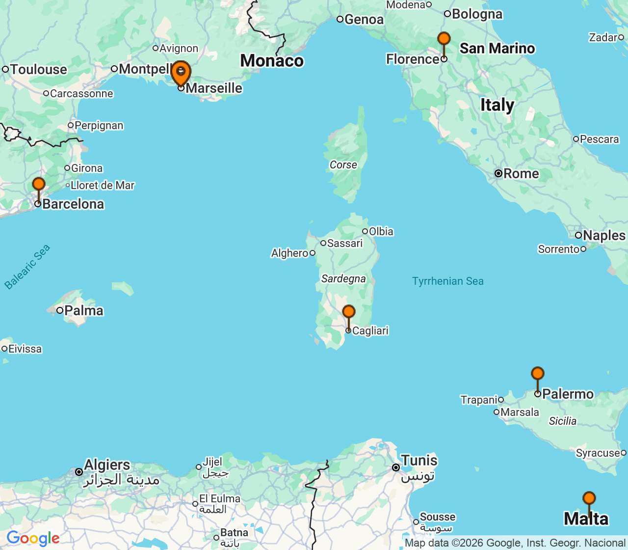Harta itinerariu Croaziera 2026 - Mediterana (Marseille, Franta) - MSC Cruises - MSC Splendida - 7 nopti